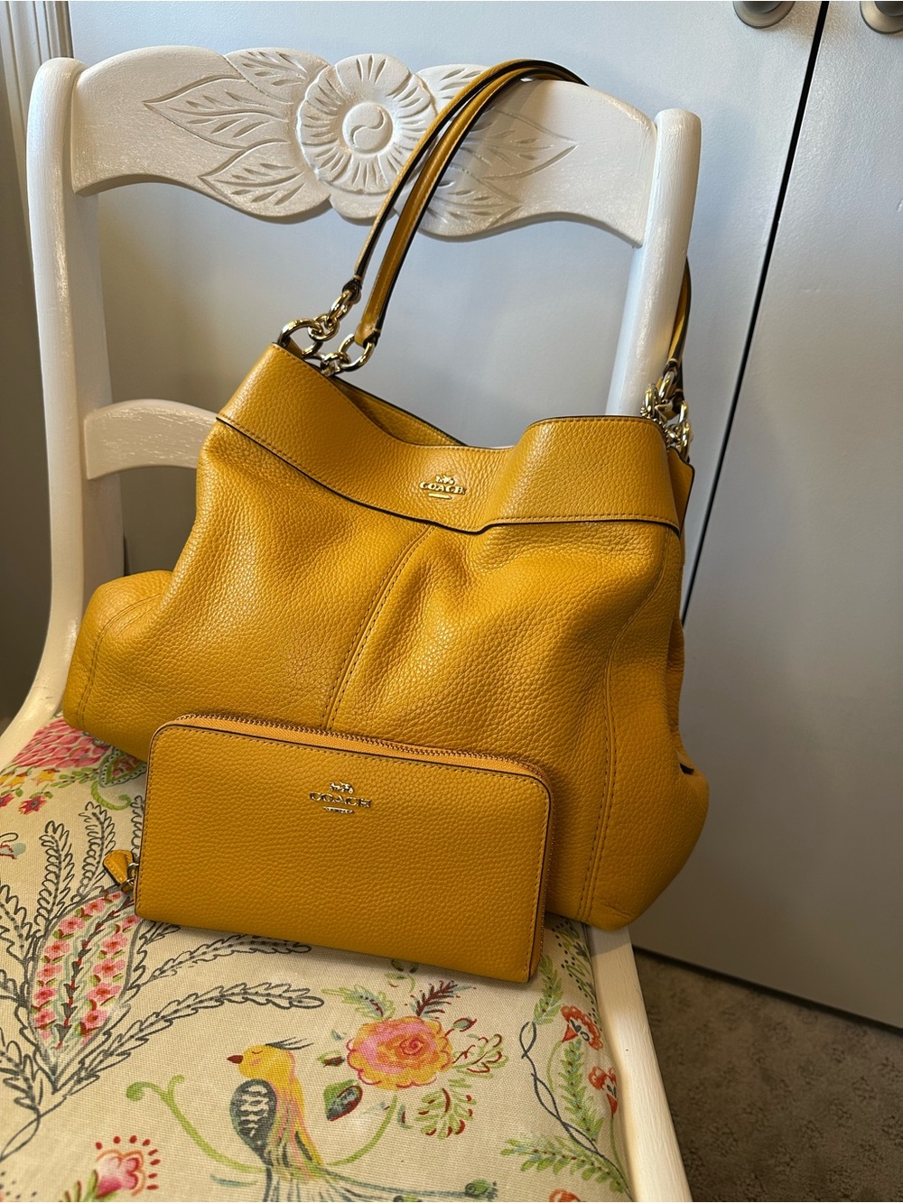 Coach Mustard Yellow Pebbled Leather Shoulder Bag with Matching Wallet